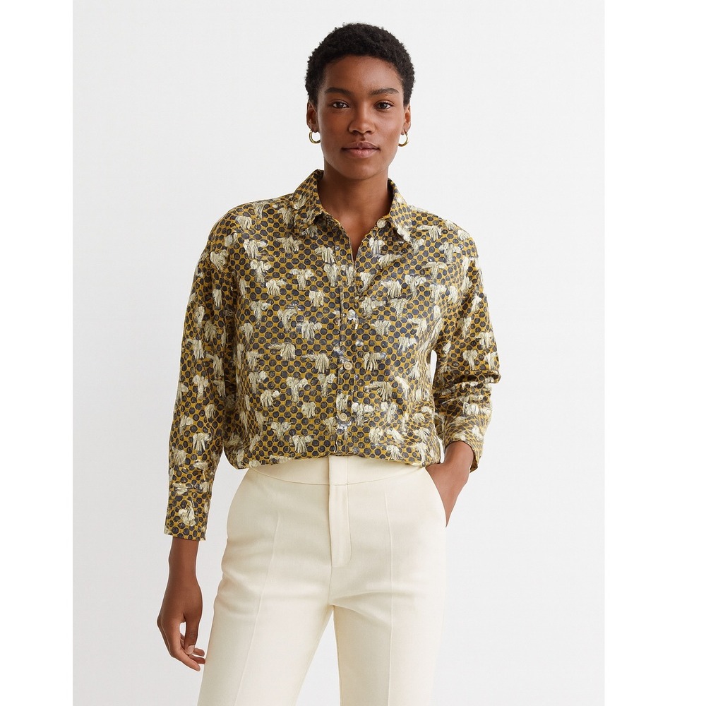 Zara Elephant Print Button Down Shirt M Mustard Yellow Blue Novelty Top‎ 72-26